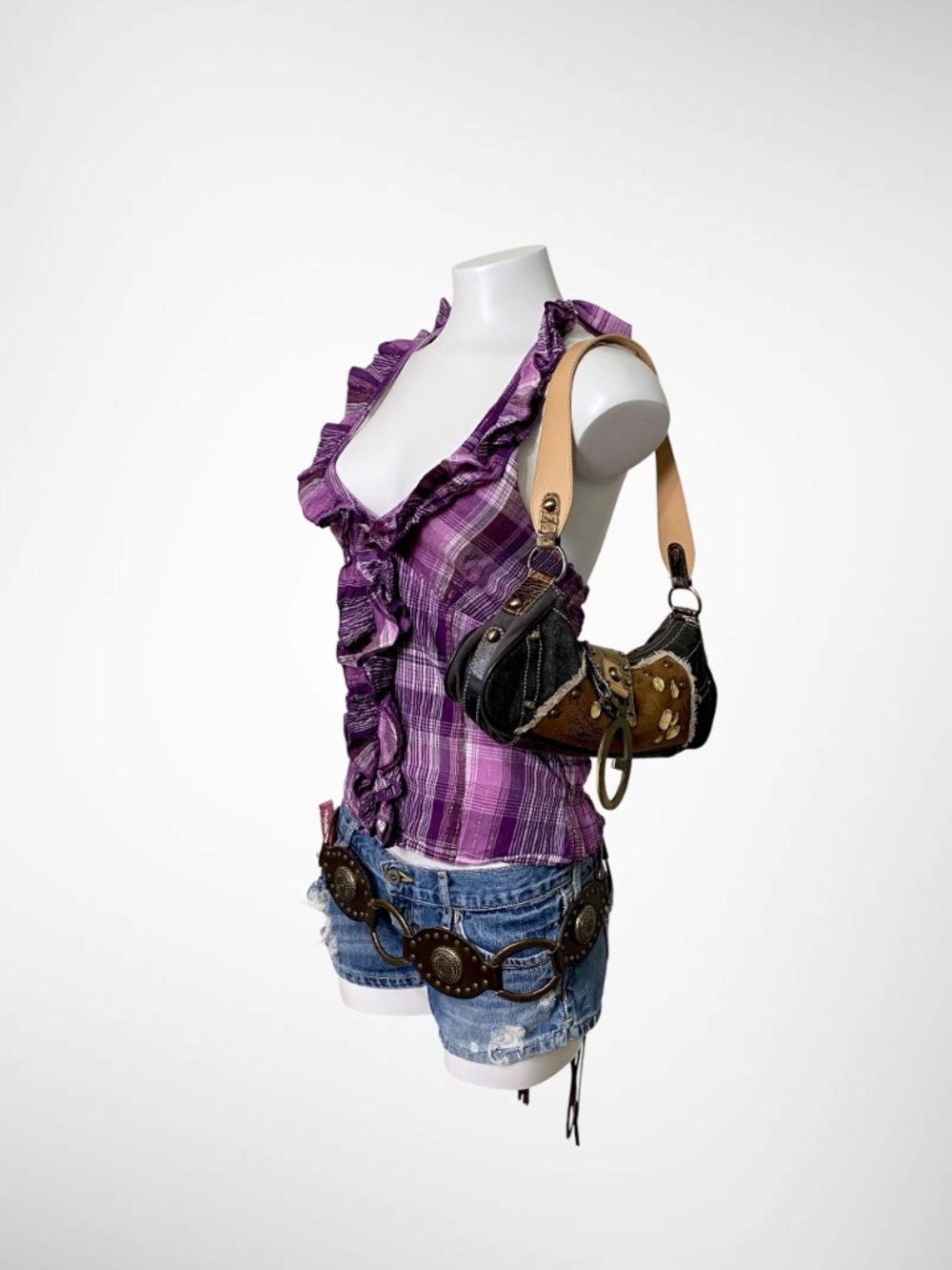 VTG Purple Plaid Ruffle Halter Top | Y2K McBling Smocked Back